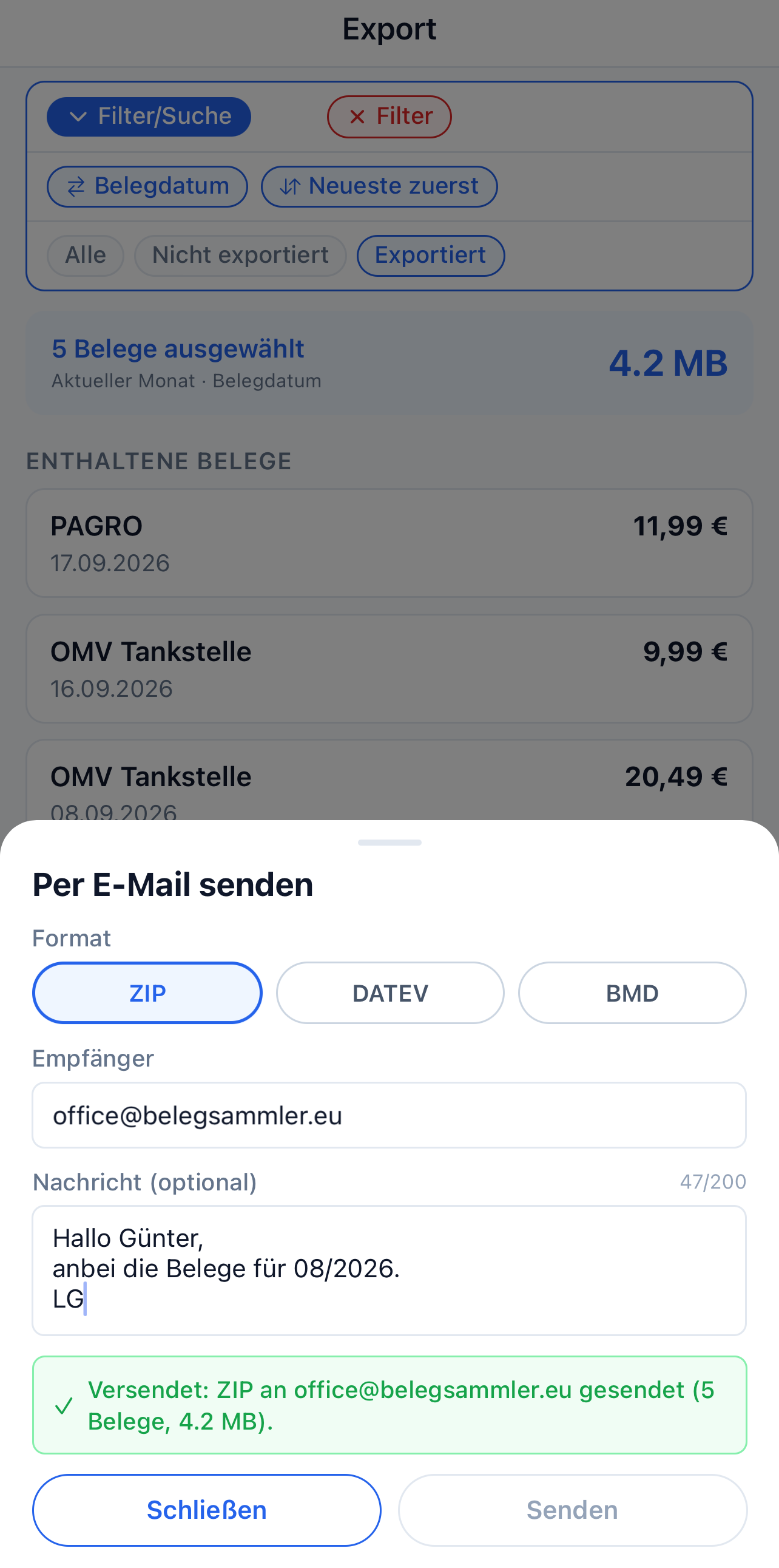 Belegsammler-App: Belege per E-Mail an den Steuerberater senden, wahlweise als ZIP, DATEV- oder BMD-Export