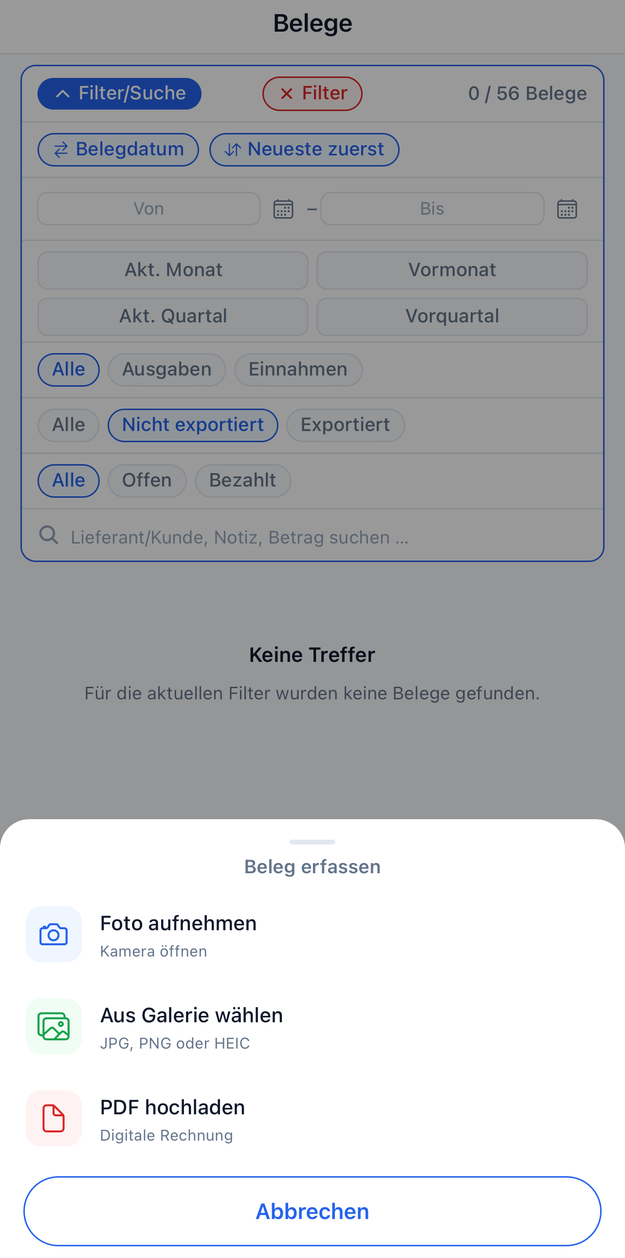 Belegsammler-App: Beleg erfassen per Foto, aus der Galerie oder als PDF