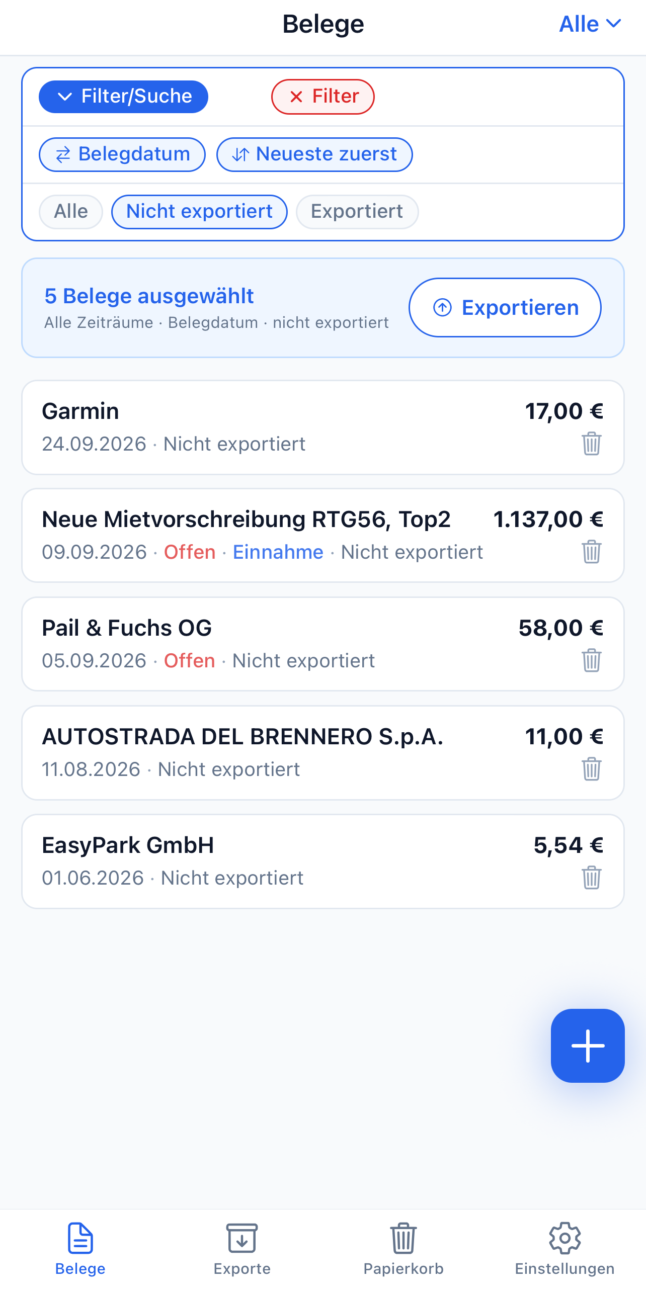 Belegsammler-App: Belegliste mit den noch nicht exportierten Belegen und dem Button „Exportieren“
